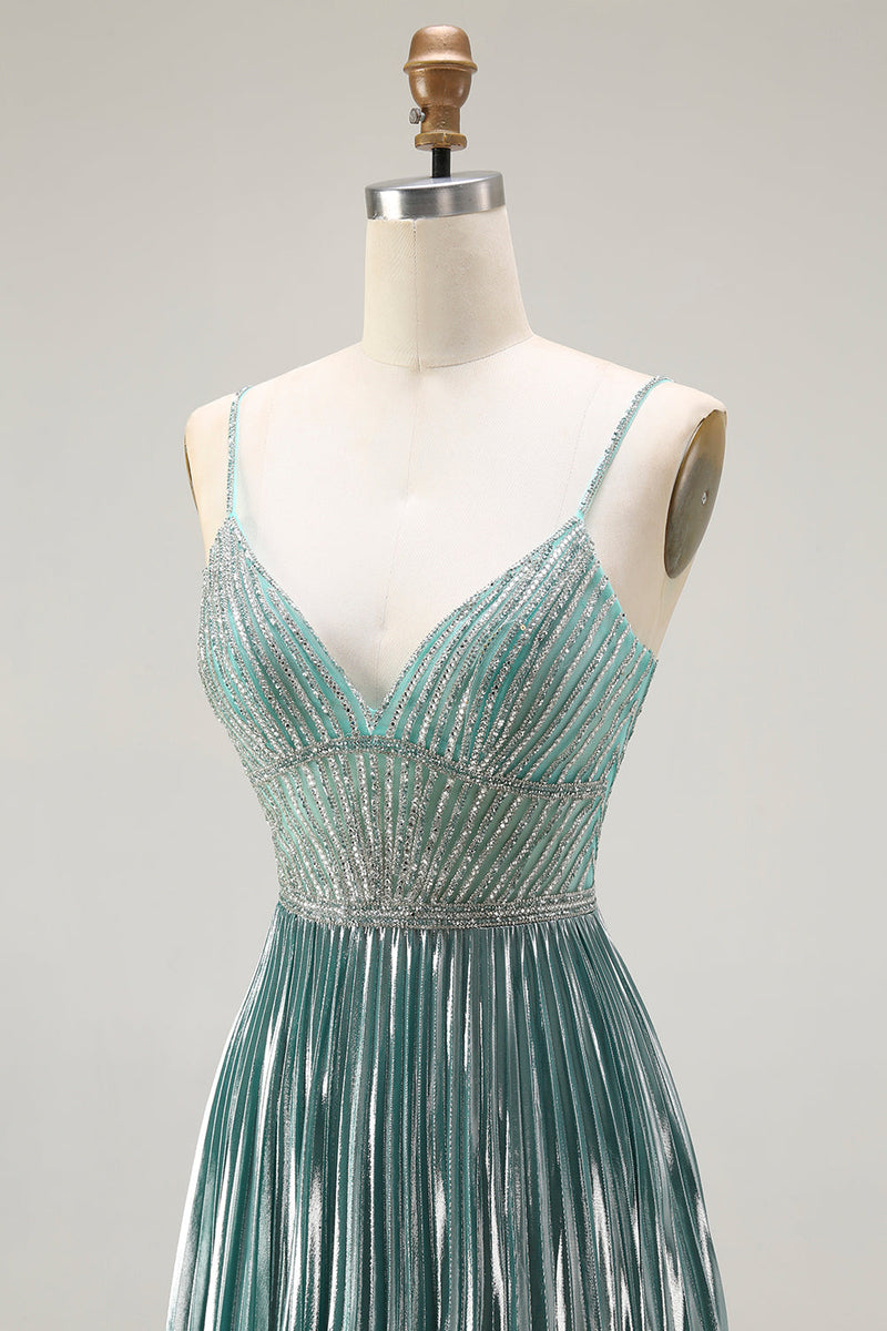 Load image into Gallery viewer, Sparkly Grey Green A Line Metallic Long Corset Prom Dress with Slit