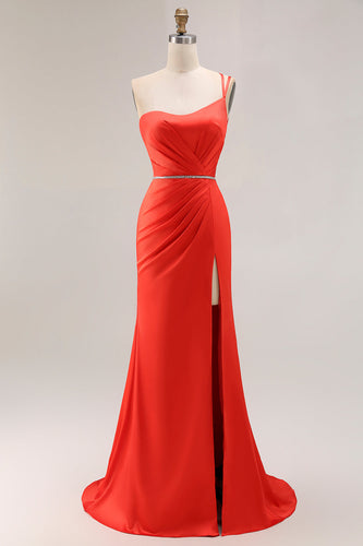 Orange Ruched One Shoulder Mermaid Long Prom Dress with Slit