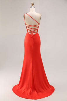Orange Ruched One Shoulder Mermaid Long Prom Dress with Slit