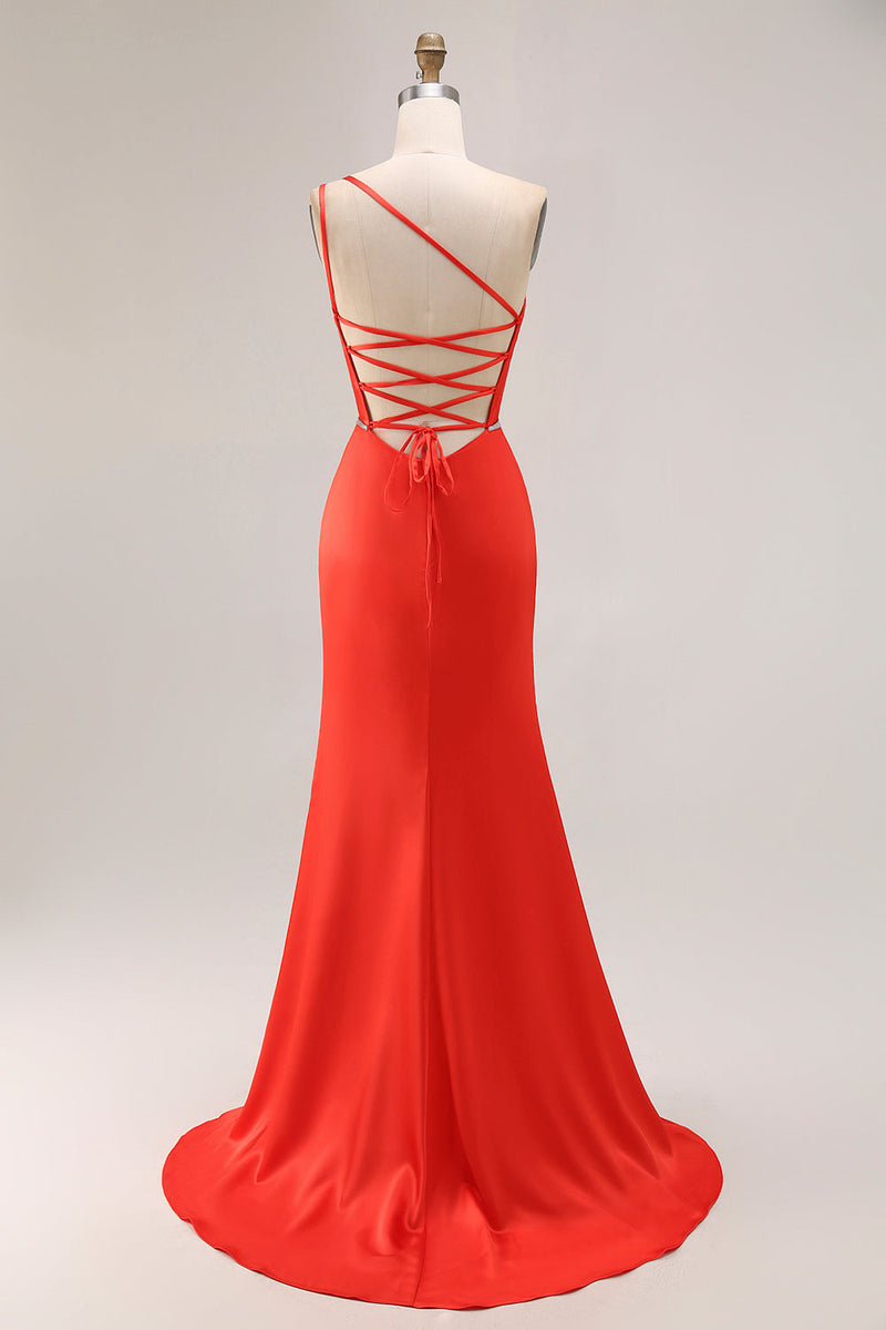 Load image into Gallery viewer, Orange Ruched One Shoulder Mermaid Long Prom Dress with Slit