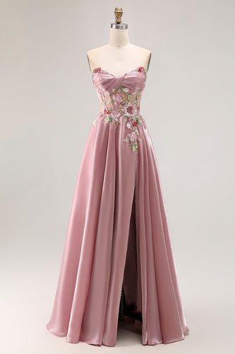 Sparkly Grey Pink Floral A Line Long Corset Prom Dress