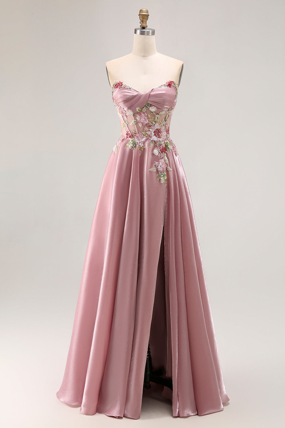 Sparkly Grey Pink Floral A Line Long Corset Prom Dress