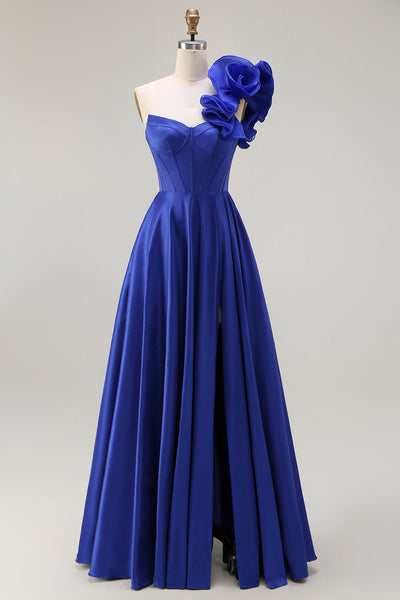 Royal Blue One Shoulder Long Corset Prom Dress with Slit
