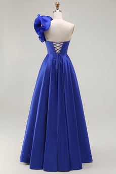 Royal Blue One Shoulder Long Corset Prom Dress with Slit