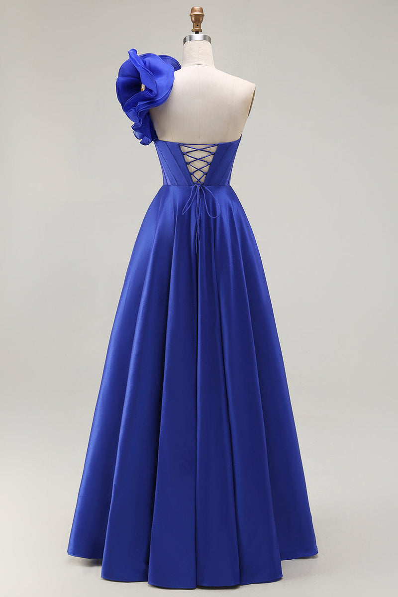 Load image into Gallery viewer, Royal Blue One Shoulder Long Corset Prom Dress with Slit