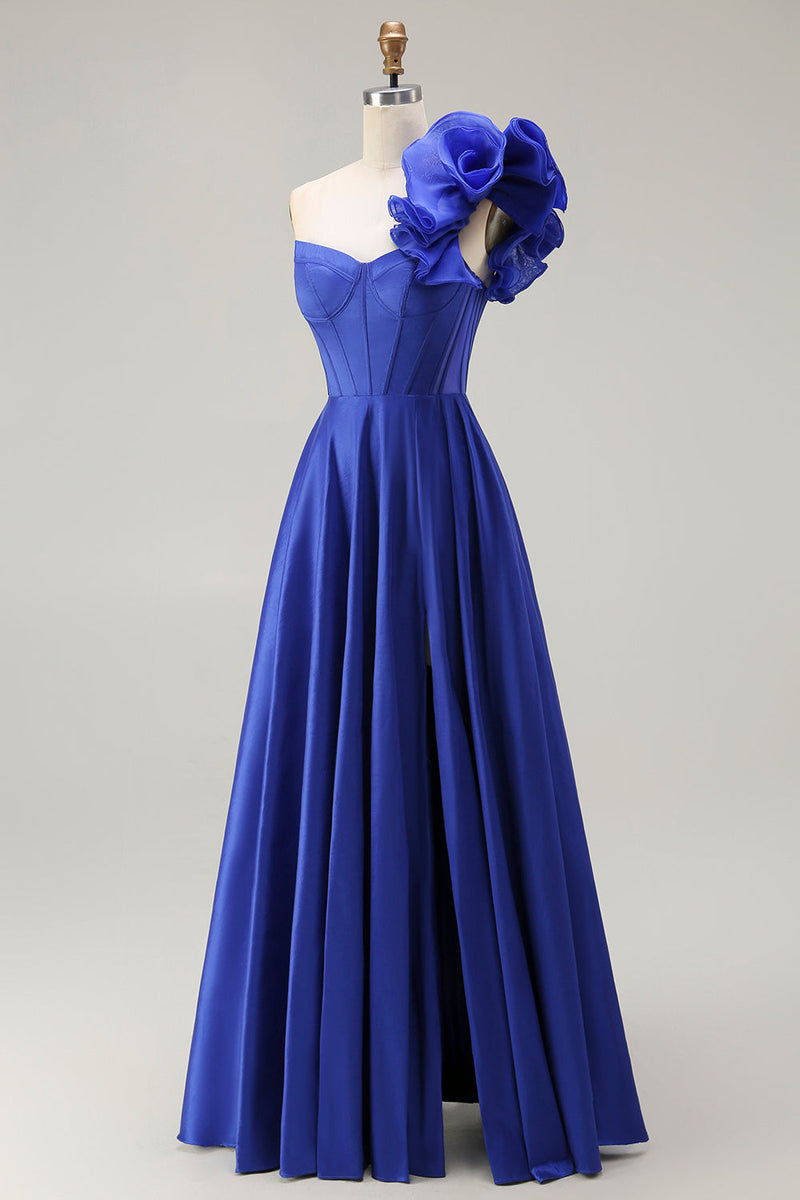Load image into Gallery viewer, Royal Blue One Shoulder Long Corset Prom Dress with Slit