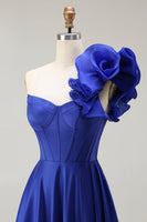Load image into Gallery viewer, Royal Blue One Shoulder Long Corset Prom Dress with Slit