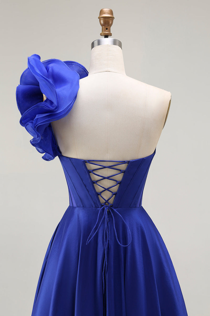 Load image into Gallery viewer, Royal Blue One Shoulder Long Corset Prom Dress with Slit