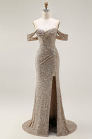 Load image into Gallery viewer, Sparkly Champagne Off the Shoulder Maxi Prom Dress with Slit