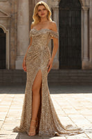 Load image into Gallery viewer, Sparkly Plus Size Off the Shoulder Champagne Maxi Prom Dress with Slit