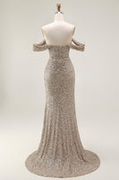Load image into Gallery viewer, Sparkly Champagne Off the Shoulder Maxi Prom Dress with Slit
