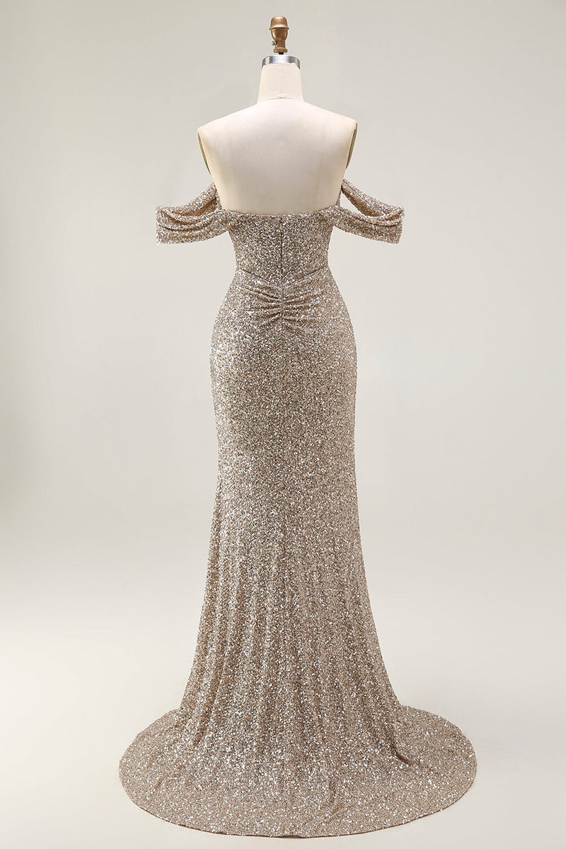 Load image into Gallery viewer, Sparkly Champagne Off the Shoulder Maxi Prom Dress with Slit