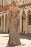 Load image into Gallery viewer, Sparkly Plus Size Off the Shoulder Champagne Maxi Prom Dress with Slit
