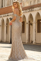 Load image into Gallery viewer, Sparkly Plus Size Off the Shoulder Champagne Maxi Prom Dress with Slit