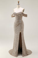 Load image into Gallery viewer, Sparkly Champagne Off the Shoulder Maxi Prom Dress with Slit