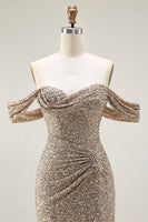 Load image into Gallery viewer, Sparkly Champagne Off the Shoulder Maxi Prom Dress with Slit