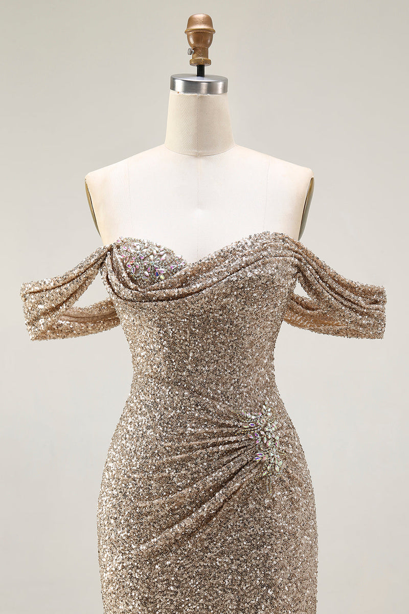 Load image into Gallery viewer, Sparkly Champagne Off the Shoulder Maxi Prom Dress with Slit