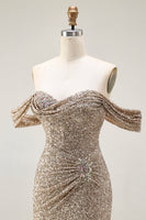 Load image into Gallery viewer, Sparkly Champagne Off the Shoulder Maxi Prom Dress with Slit