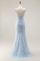 Load image into Gallery viewer, Sparkly Blue Mermaid Corset Lace Long Prom Dress with Slit
