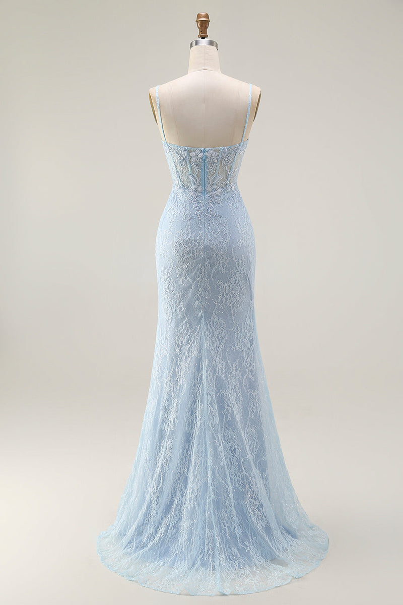 Load image into Gallery viewer, Sparkly Blue Mermaid Corset Lace Long Prom Dress with Slit