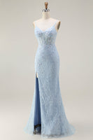 Load image into Gallery viewer, Sparkly Blue Mermaid Corset Lace Long Prom Dress with Slit