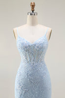 Load image into Gallery viewer, Sparkly Blue Mermaid Corset Lace Long Prom Dress with Slit