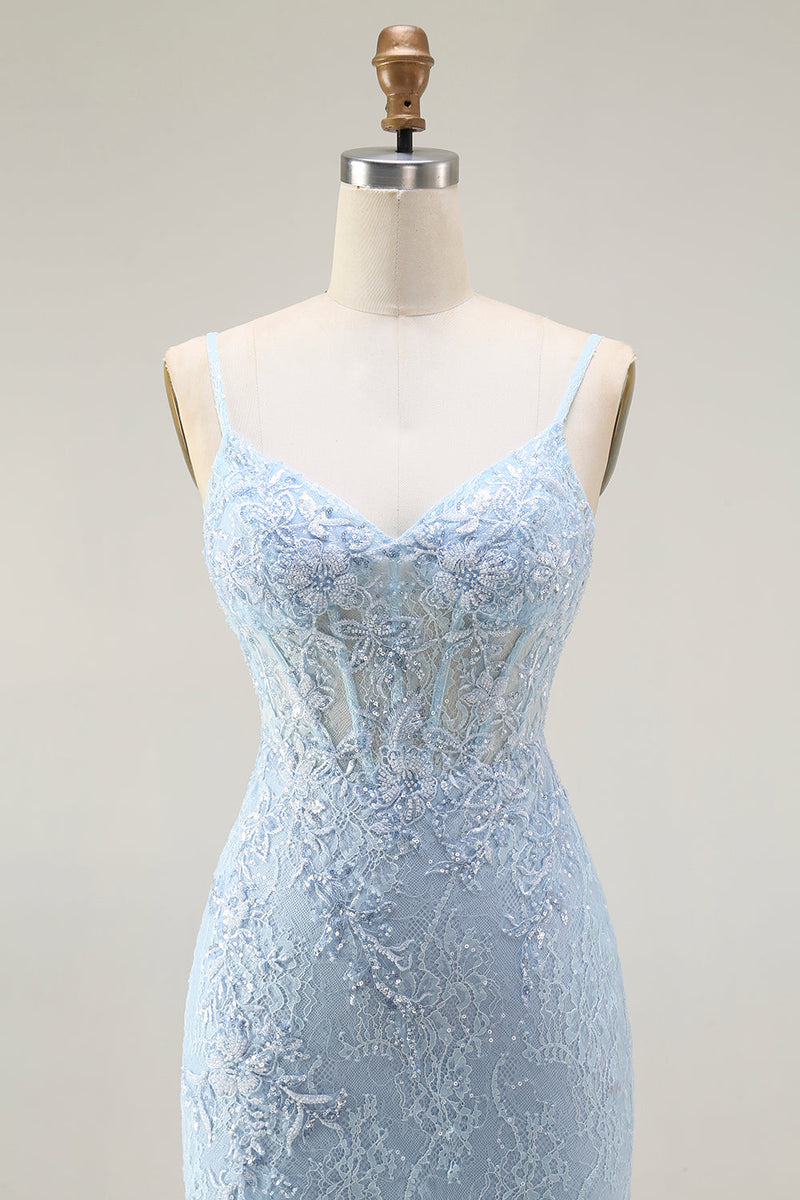 Load image into Gallery viewer, Sparkly Blue Mermaid Corset Lace Long Prom Dress with Slit