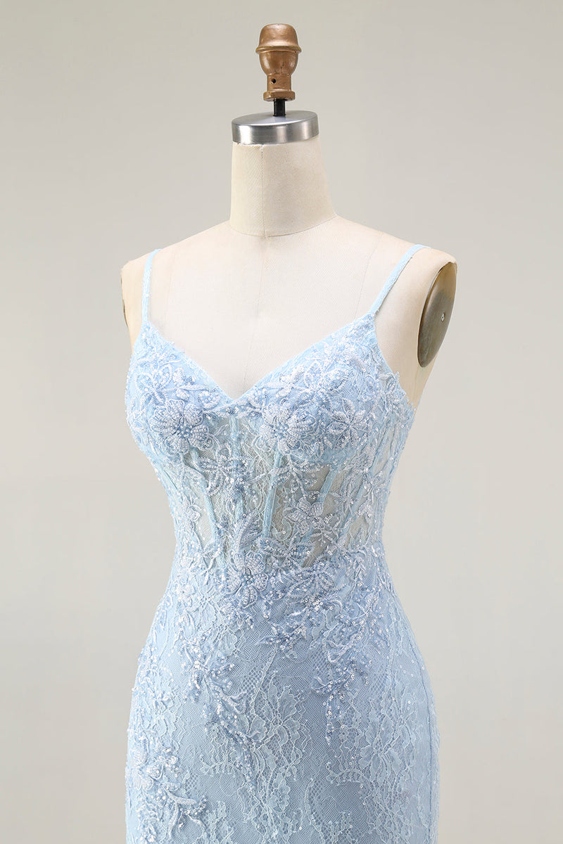 Load image into Gallery viewer, Sparkly Blue Mermaid Corset Lace Long Prom Dress with Slit
