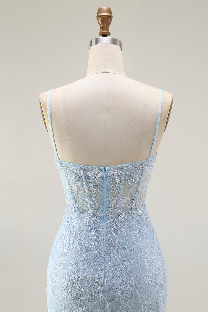 Load image into Gallery viewer, Sparkly Blue Mermaid Corset Lace Long Prom Dress with Slit