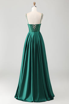 Sparkly Dark Green Corset Long Prom Dress with Rhinestones