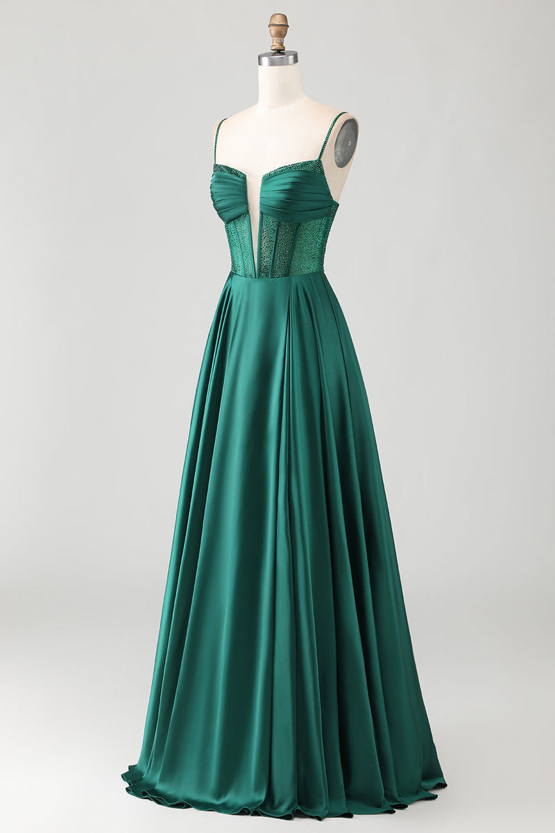 Load image into Gallery viewer, Sparkly Dark Green Corset Long Prom Dress with Rhinestones