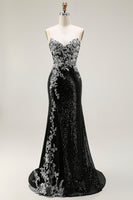 Load image into Gallery viewer, Sparkly Black Silver Strapless Mermaid Long Sequin Prom Dress