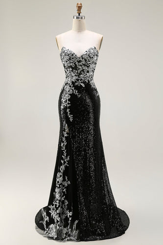 Sparkly Black Silver Strapless Mermaid Long Sequin Prom Dress