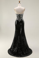 Load image into Gallery viewer, Sparkly Black Silver Strapless Mermaid Long Sequin Prom Dress