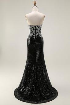 Sparkly Black Silver Strapless Mermaid Long Sequin Prom Dress