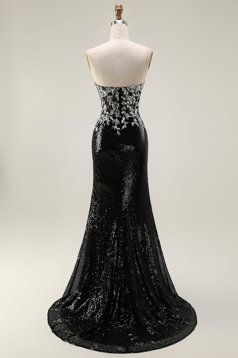 Load image into Gallery viewer, Sparkly Black Silver Strapless Mermaid Long Sequin Prom Dress