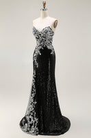 Load image into Gallery viewer, Sparkly Black Silver Strapless Mermaid Long Sequin Prom Dress