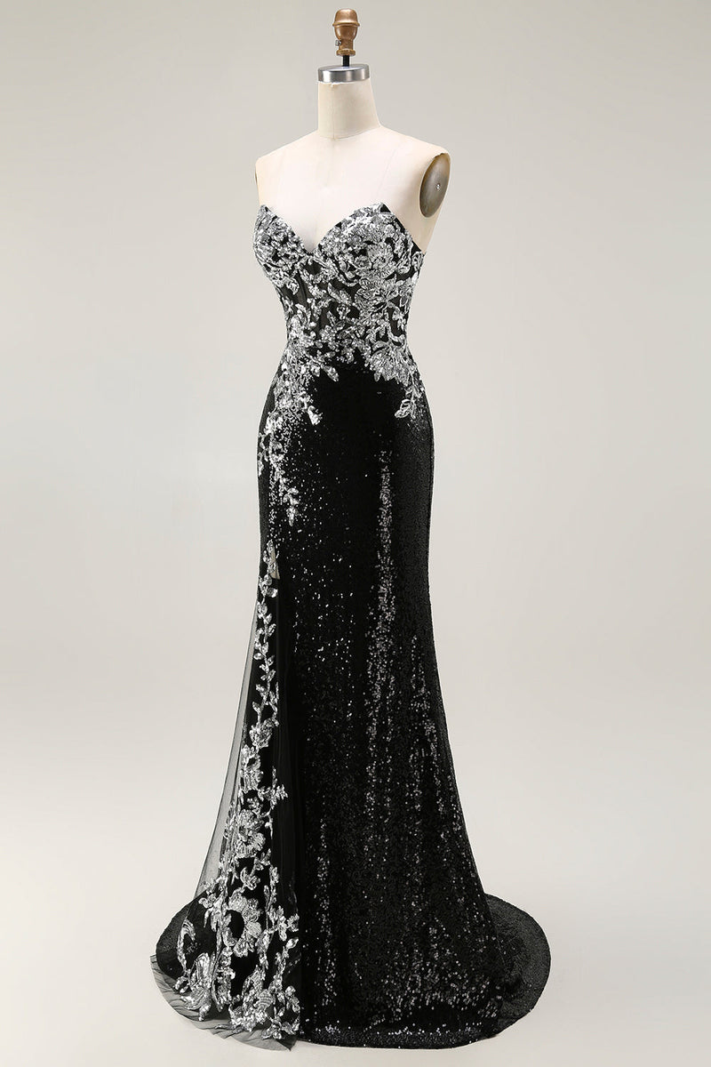Load image into Gallery viewer, Sparkly Black Silver Strapless Mermaid Long Sequin Prom Dress