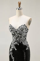 Load image into Gallery viewer, Sparkly Black Silver Strapless Mermaid Long Sequin Prom Dress