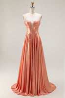 Load image into Gallery viewer, Sparkly Orange Spaghetti Straps Metallic Corset Long Prom Dress