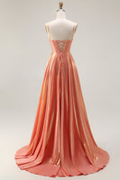 Load image into Gallery viewer, Sparkly Orange Spaghetti Straps Metallic Corset Long Prom Dress
