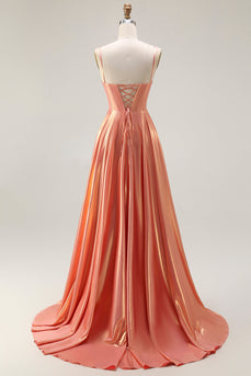 Sparkly Orange Spaghetti Straps Metallic Corset Long Prom Dress
