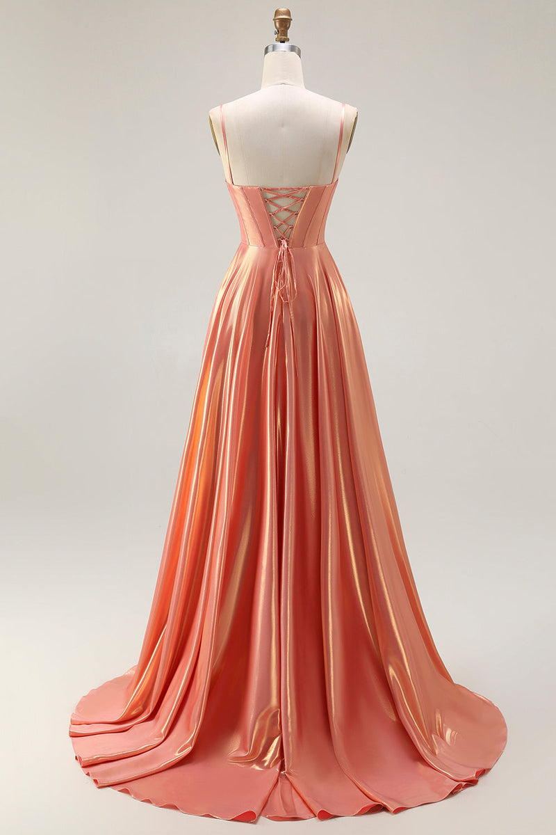 Load image into Gallery viewer, Sparkly Orange Spaghetti Straps Metallic Corset Long Prom Dress