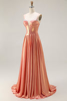 Load image into Gallery viewer, Sparkly Orange Spaghetti Straps Metallic Corset Long Prom Dress