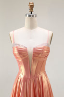 Load image into Gallery viewer, Sparkly Orange Spaghetti Straps Metallic Corset Long Prom Dress