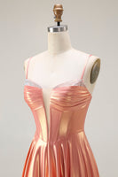 Load image into Gallery viewer, Sparkly Orange Spaghetti Straps Metallic Corset Long Prom Dress