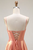 Load image into Gallery viewer, Sparkly Orange Spaghetti Straps Metallic Corset Long Prom Dress