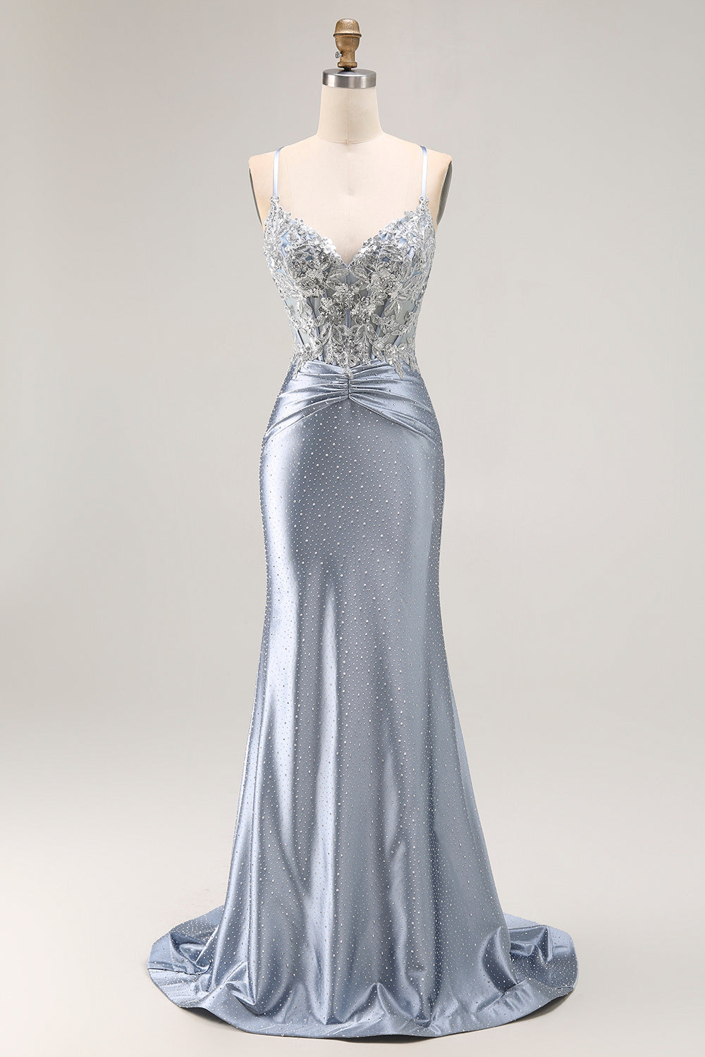 Sparkly Grey Blue Mermaid Beaded Long Corset Prom Dress with Appliques