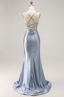 Load image into Gallery viewer, Sparkly Grey Blue Mermaid Beaded Long Corset Prom Dress with Appliques