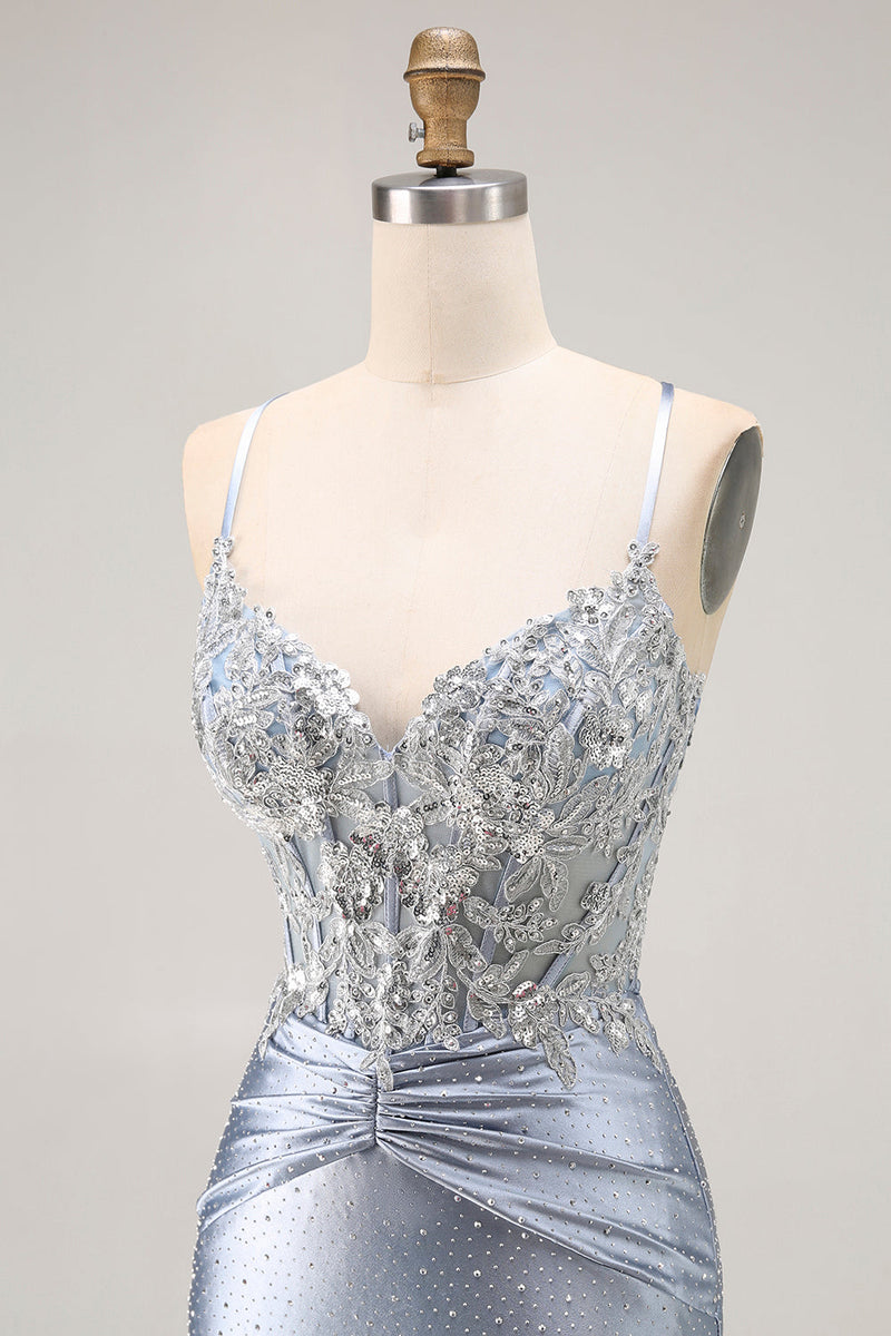 Load image into Gallery viewer, Sparkly Grey Blue Mermaid Beaded Long Corset Prom Dress with Appliques